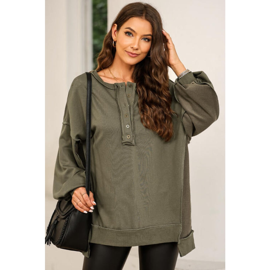 Buttoned Dropped Shoulder Sweatshirt Army Green / S Shirts &amp; Tops