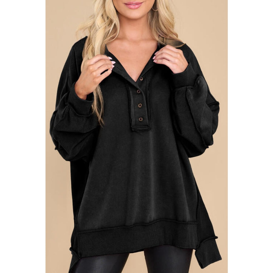 Buttoned Dropped Shoulder Sweatshirt Black / S Shirts &amp; Tops