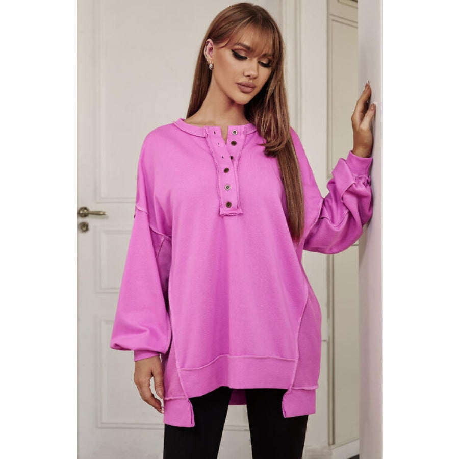 Buttoned Dropped Shoulder Sweatshirt Cerise / S Shirts &amp; Tops