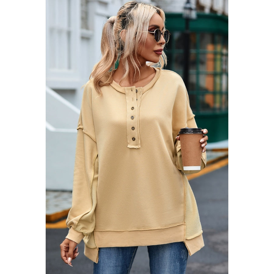 Buttoned Dropped Shoulder Sweatshirt Ivory / 2XL Shirts &amp; Tops