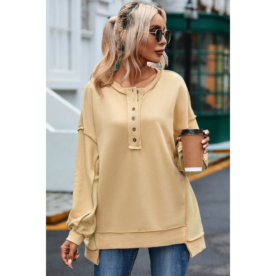 Buttoned Dropped Shoulder Sweatshirt Ivory / S Shirts &amp; Tops