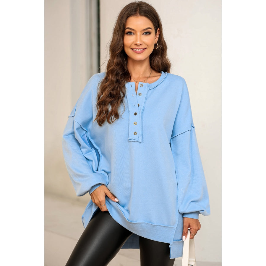 Buttoned Dropped Shoulder Sweatshirt Pastel Blue / 2XL Shirts &amp; Tops