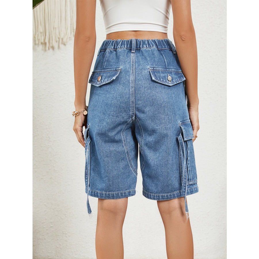 Buttoned Elastic Waist Denim Shorts with Pockets Apparel and Accessories