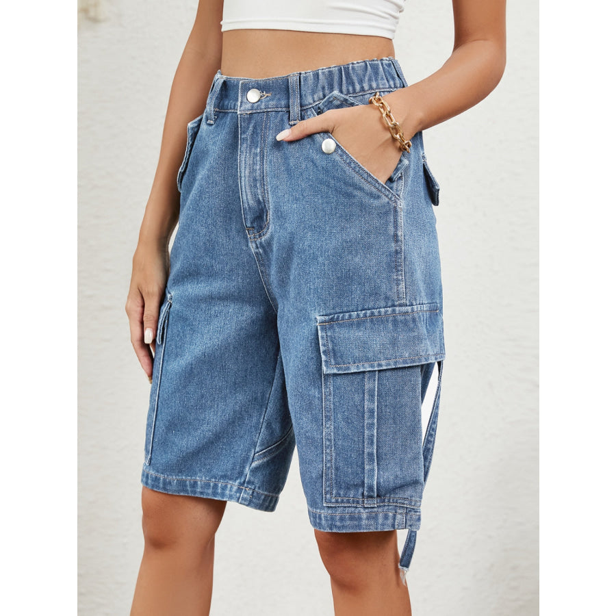 Buttoned Elastic Waist Denim Shorts with Pockets Apparel and Accessories