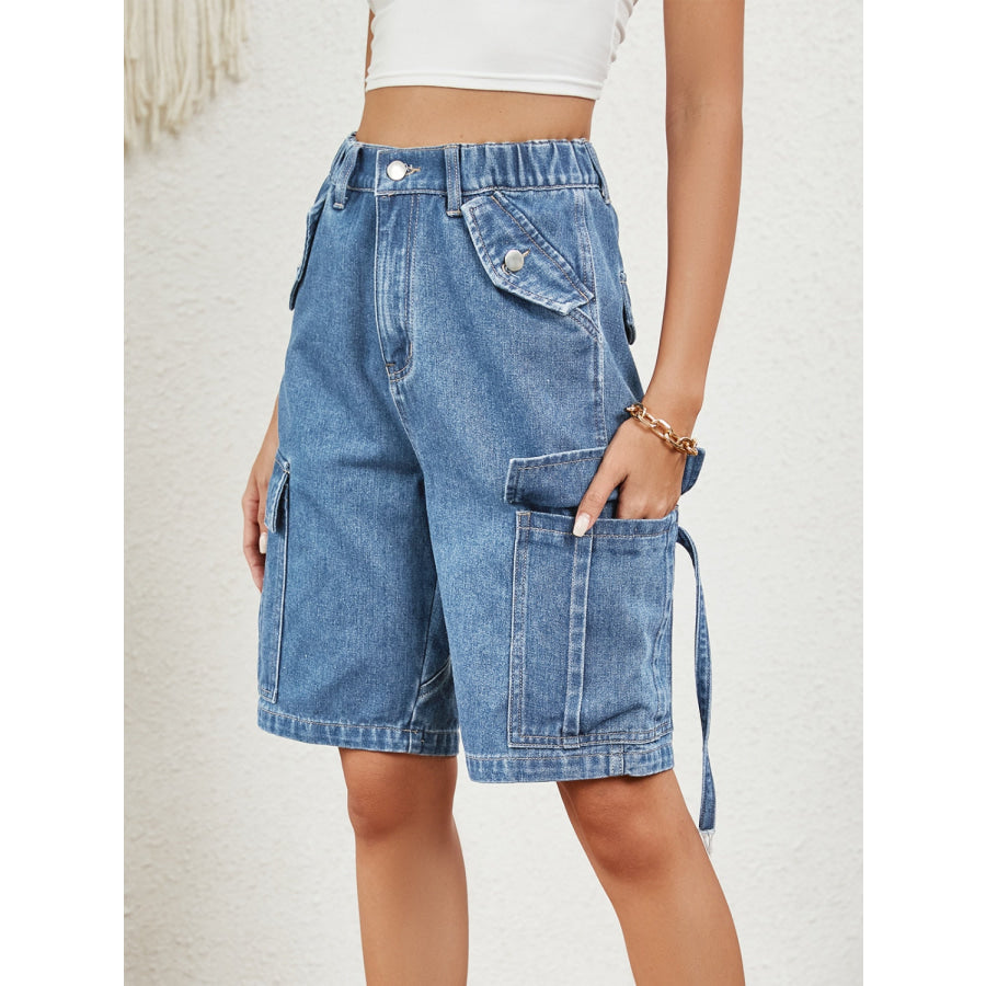 Buttoned Elastic Waist Denim Shorts with Pockets Apparel and Accessories