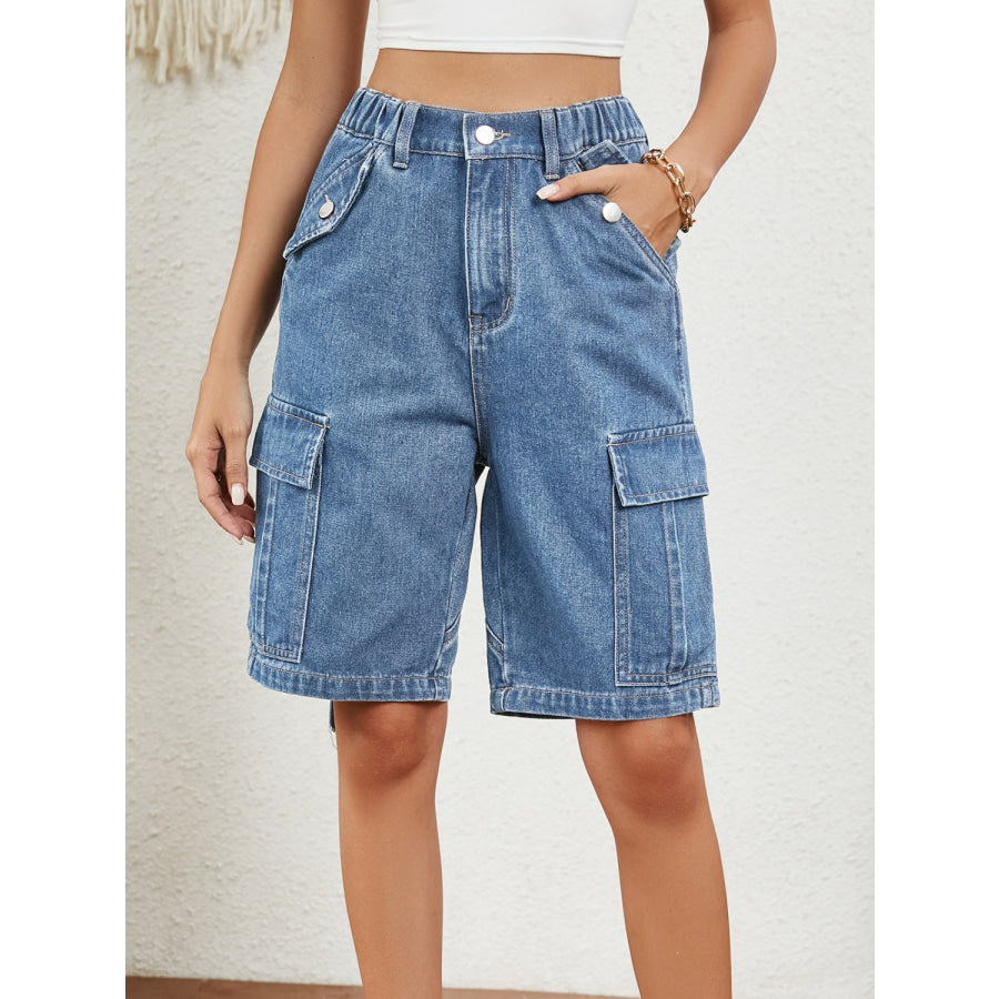Buttoned Elastic Waist Denim Shorts with Pockets Medium / S Apparel and Accessories