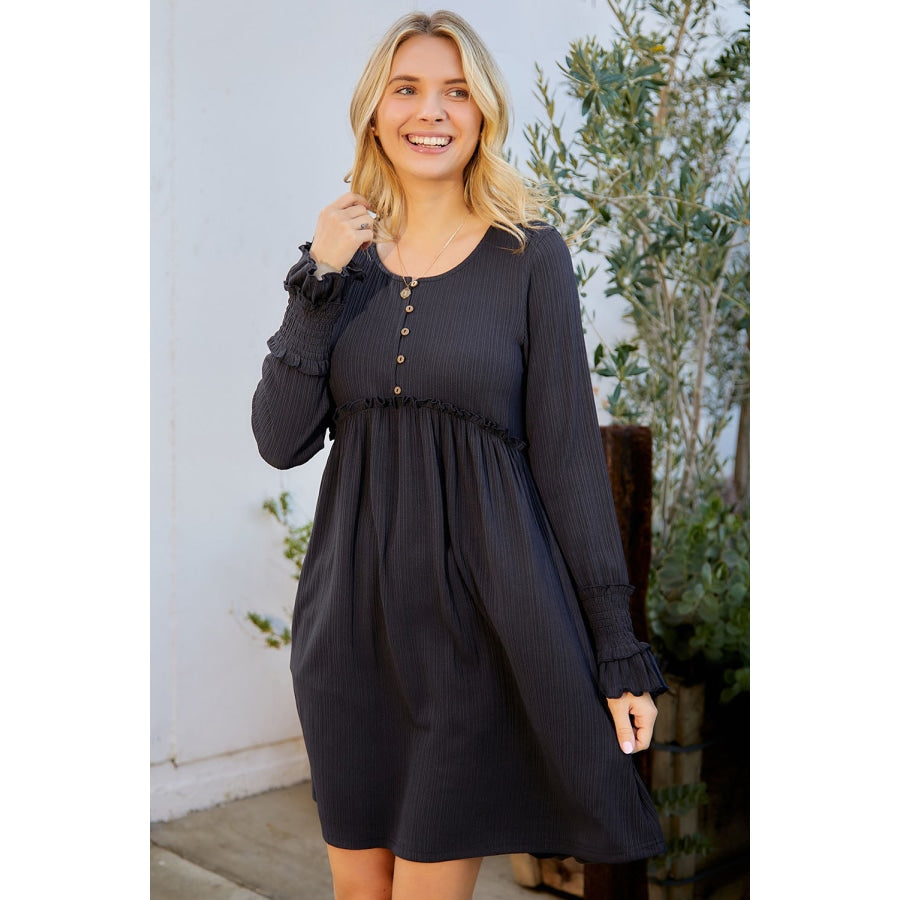 Buttoned Frill Trim Flounce Sleeve Babydoll Dress Charcoal / S