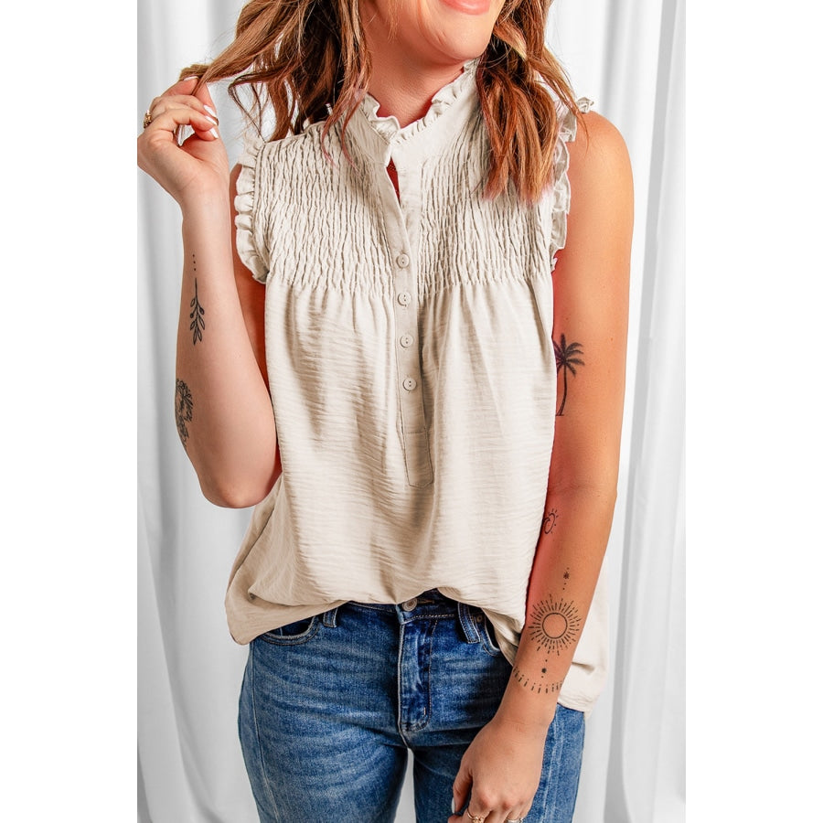 Buttoned Frill Trim Smocked Sleeveless Blouse Beige / S