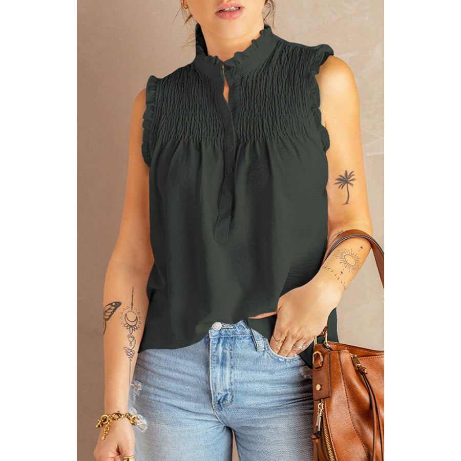 Buttoned Frill Trim Smocked Sleeveless Blouse Forest / S