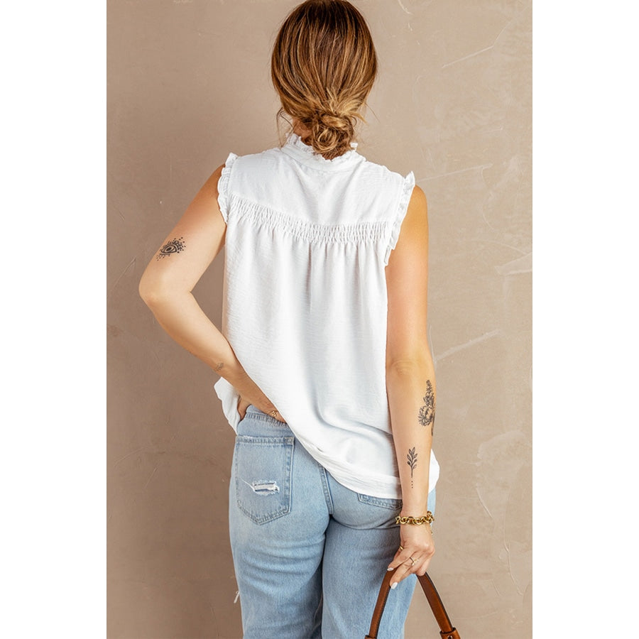 Buttoned Frill Trim Smocked Sleeveless Blouse