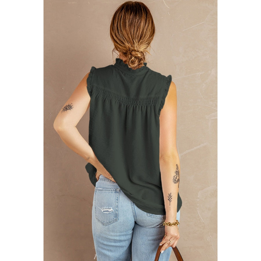 Buttoned Frill Trim Smocked Sleeveless Blouse Forest / S