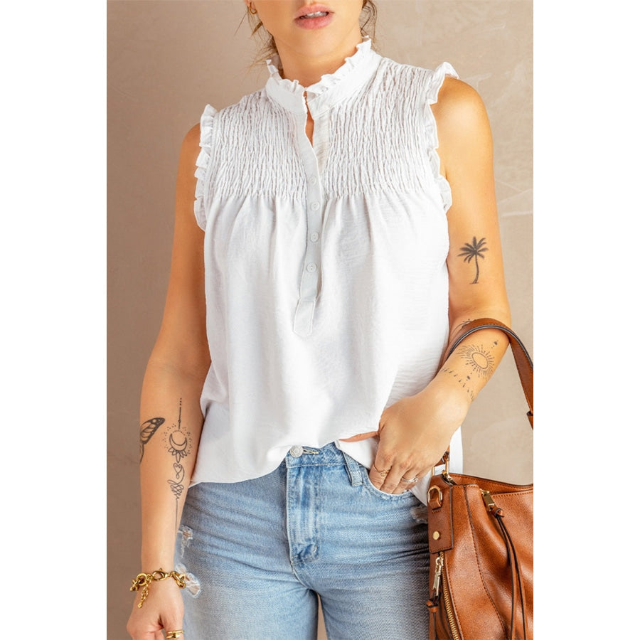 Buttoned Frill Trim Smocked Sleeveless Blouse White / S