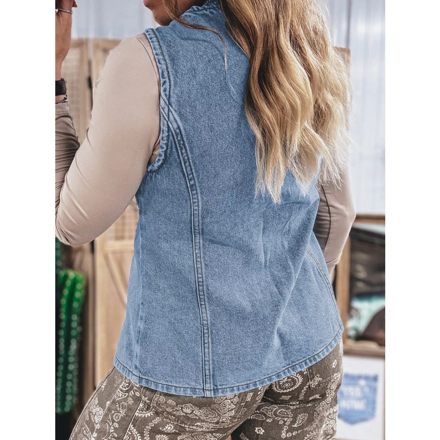 Buttoned Front Slit Denim Vest Apparel and Accessories