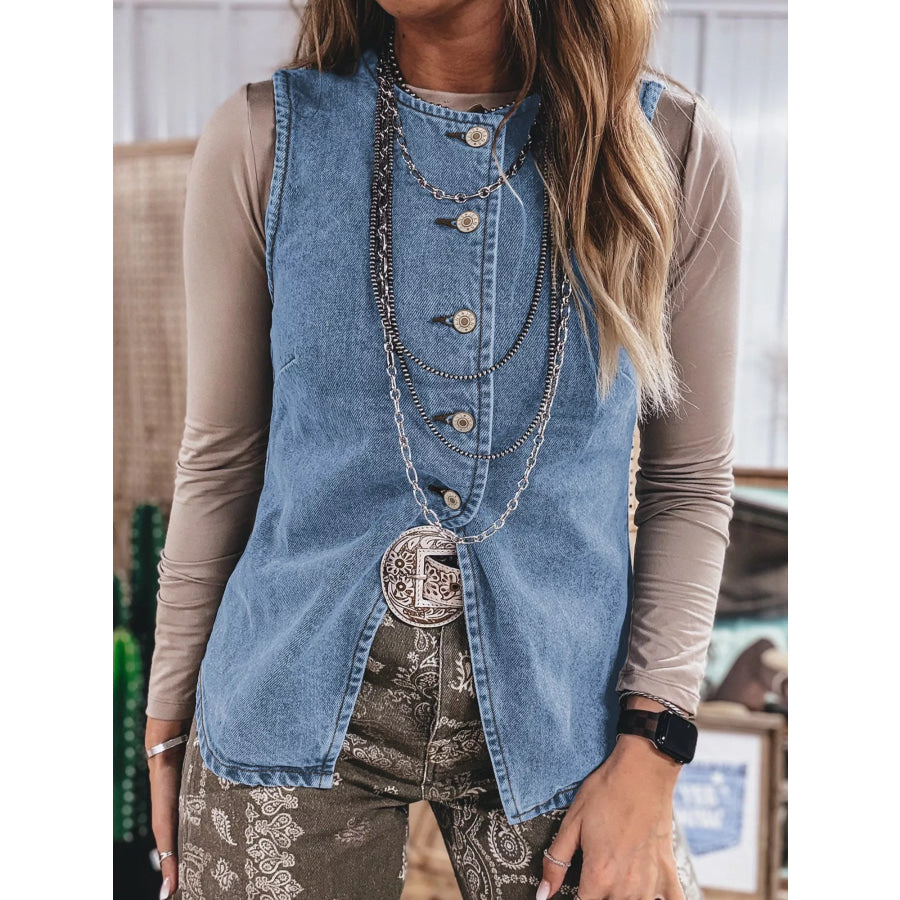 Buttoned Front Slit Denim Vest Apparel and Accessories