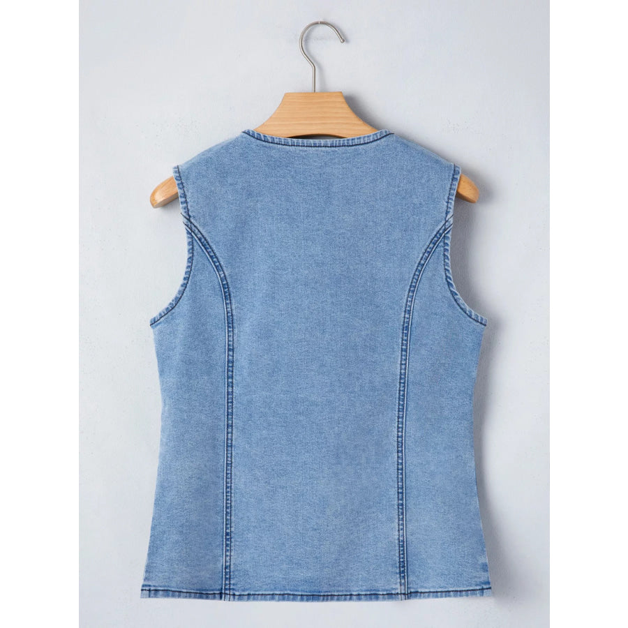Buttoned Front Slit Denim Vest Apparel and Accessories