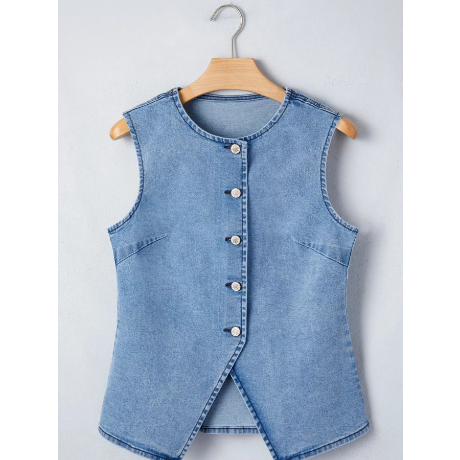 Buttoned Front Slit Denim Vest Apparel and Accessories