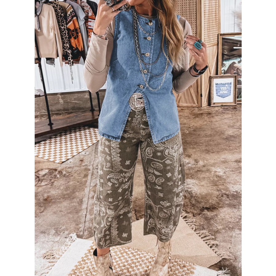Buttoned Front Slit Denim Vest Medium / S Apparel and Accessories