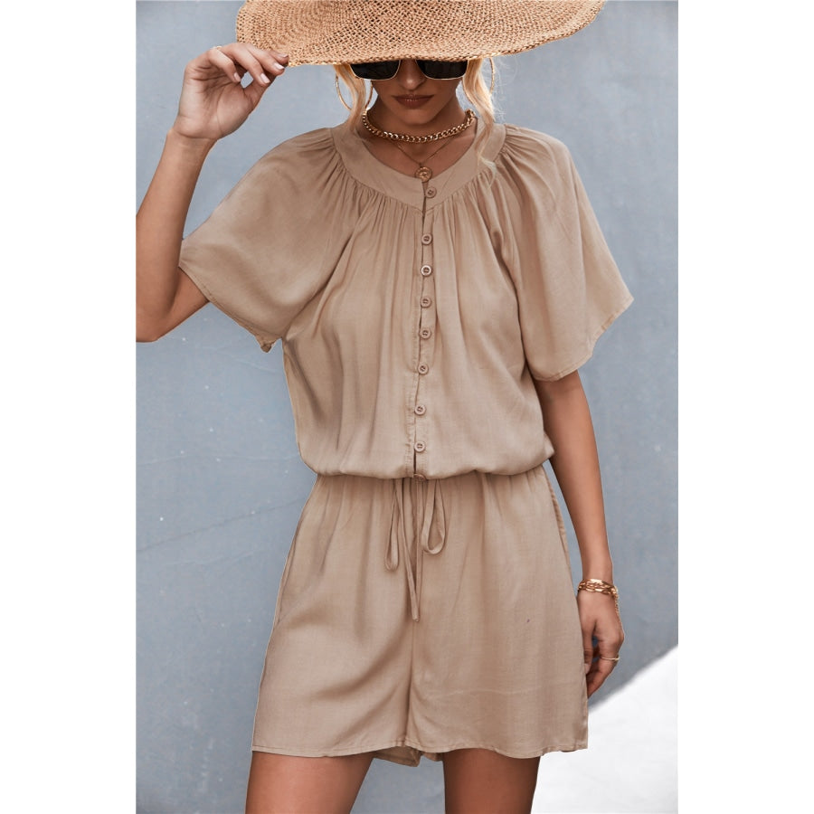 Buttoned Gather Detail Romper Tan / S