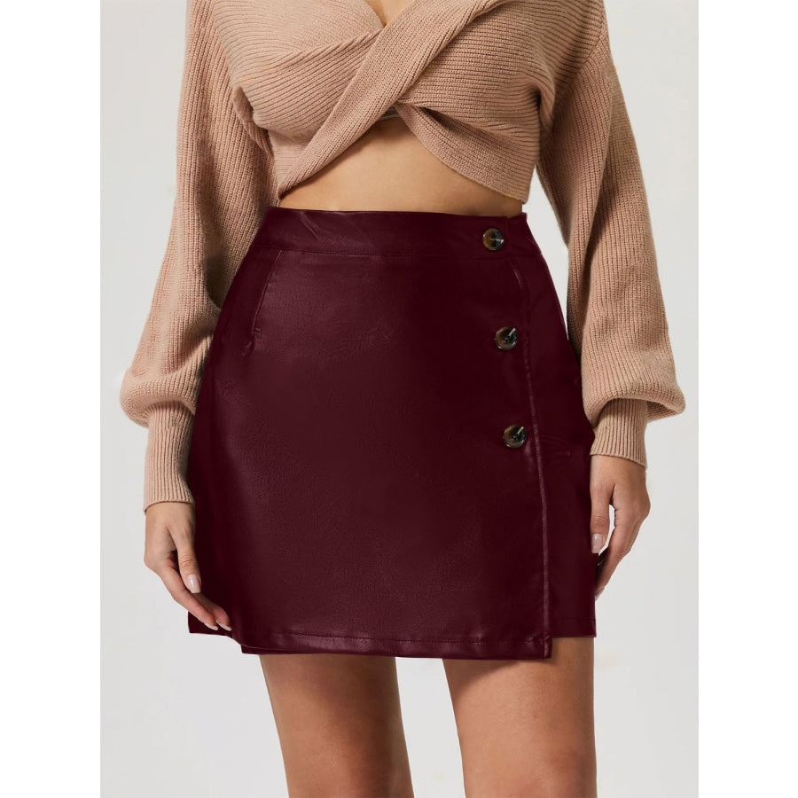 Buttoned High Rise Mini Skirt Burgundy / S Apparel and Accessories