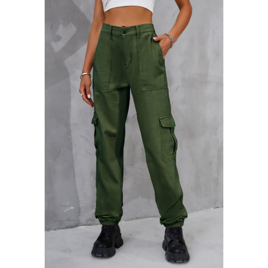 Buttoned High Waist Jeans with Pockets Army Green / S