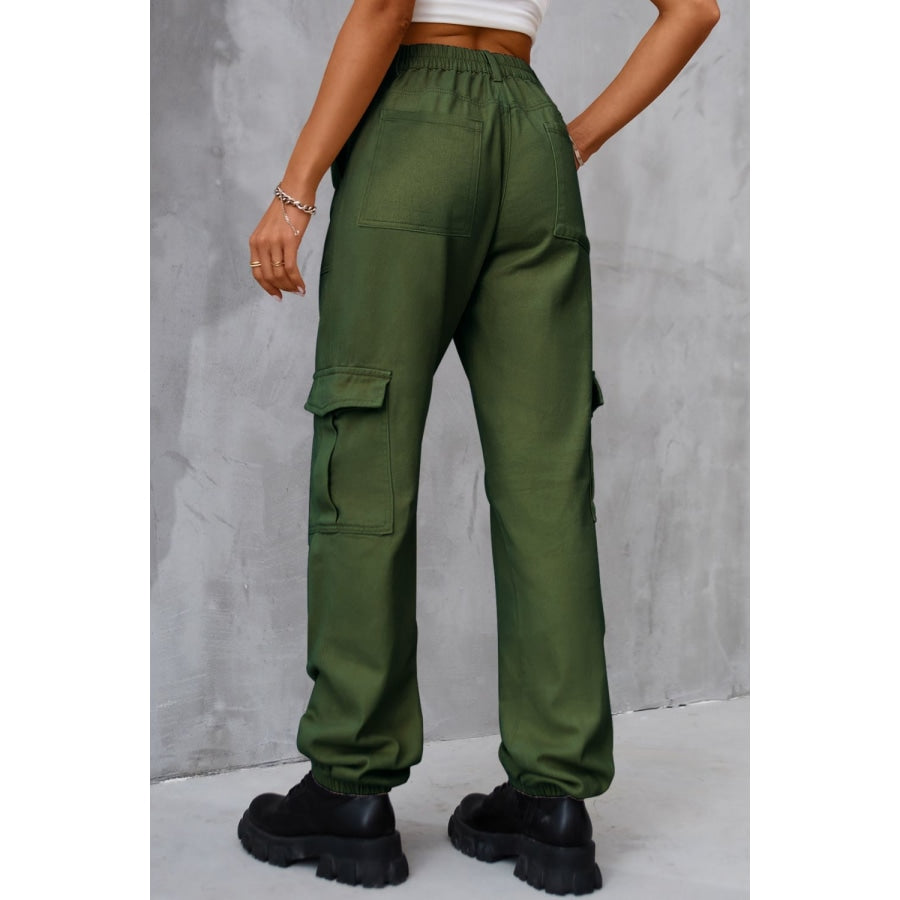 Buttoned High Waist Jeans with Pockets Army Green / S