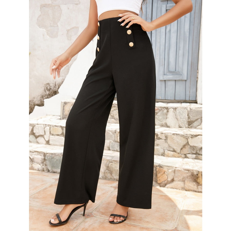 Buttoned High Waist Relax Fit Long Pants Black / S