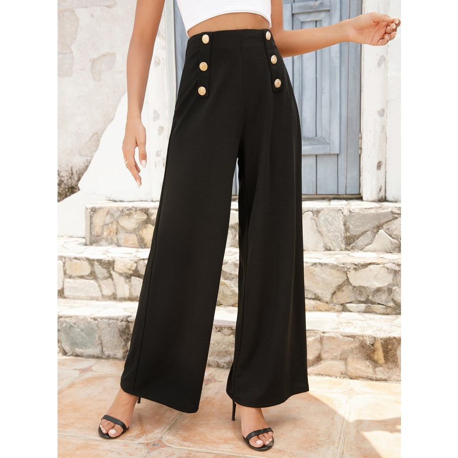 Buttoned High Waist Relax Fit Long Pants Black / S