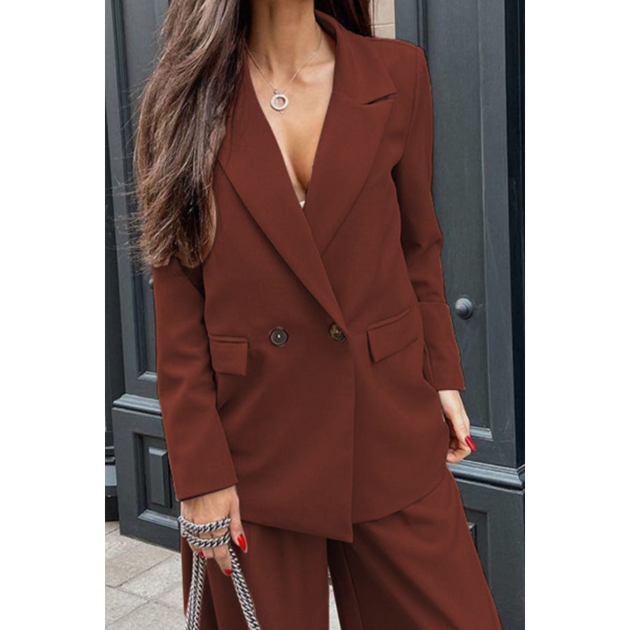 Buttoned Lapel Collar Long Sleeve Blazer and Pants Set Apparel and Accessories