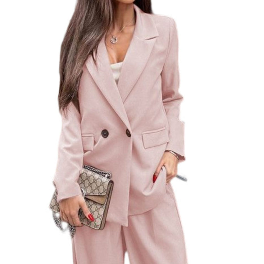 Buttoned Lapel Collar Long Sleeve Blazer and Pants Set Apparel and Accessories