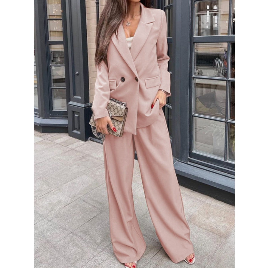 Buttoned Lapel Collar Long Sleeve Blazer and Pants Set Apricot / S Apparel and Accessories