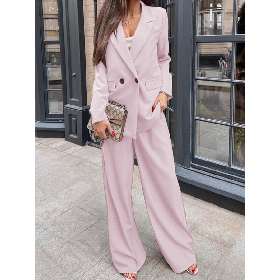 Buttoned Lapel Collar Long Sleeve Blazer and Pants Set Blush Pink / S Apparel and Accessories