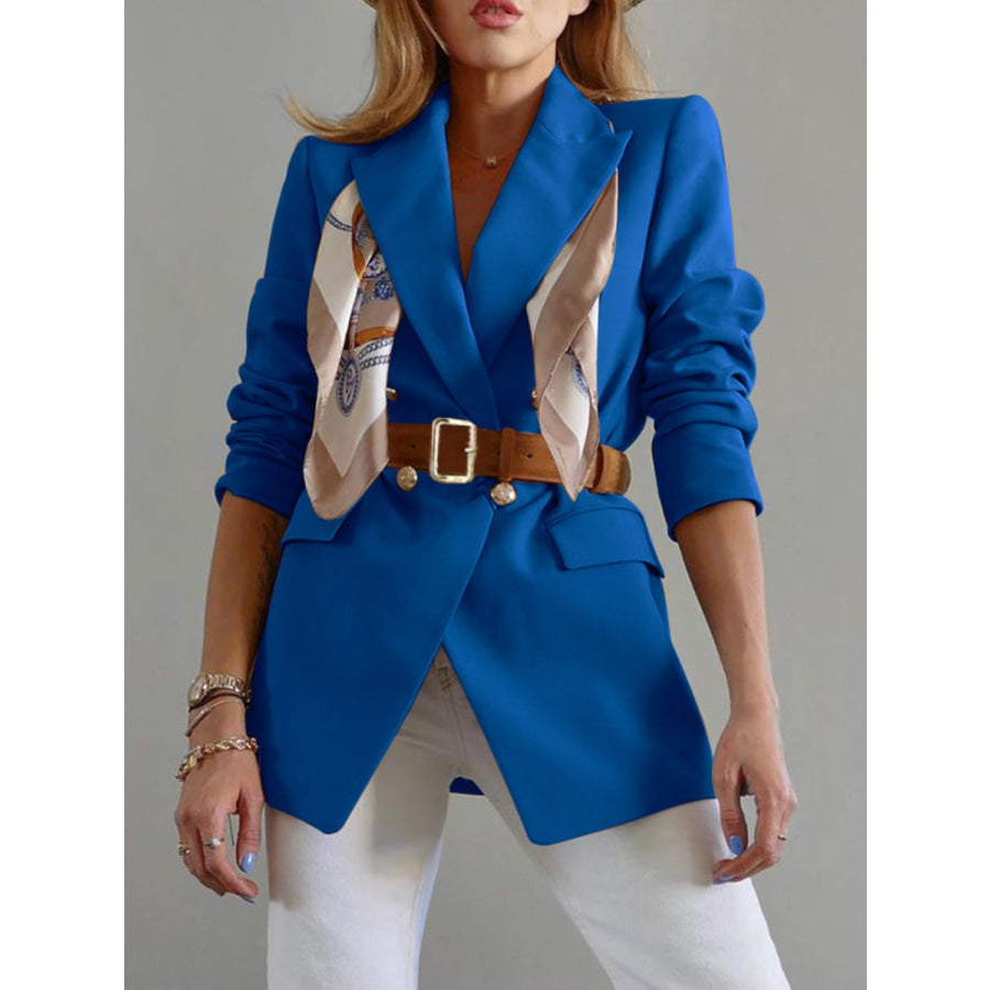 Buttoned Lapel Collar Long Sleeve Blazer Light Indigo / S Apparel and Accessories