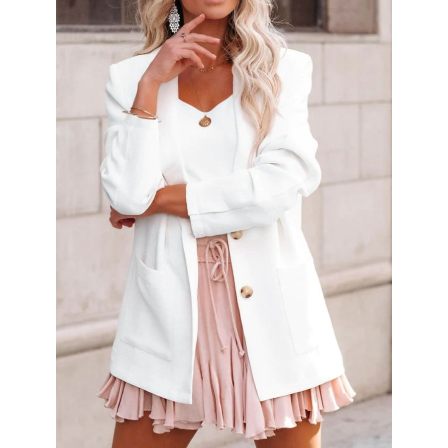 Buttoned Lapel Collar Long Sleeve Blazer White / S Apparel and Accessories