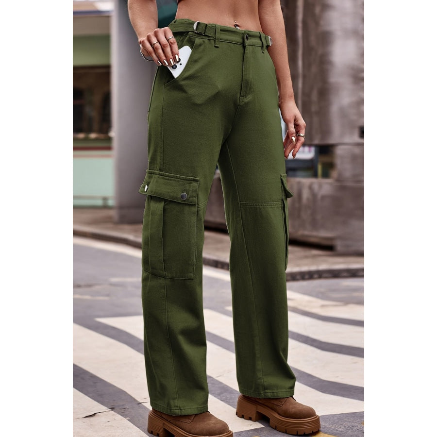 Buttoned Loose Fit Jeans with Pockets Army Green / S