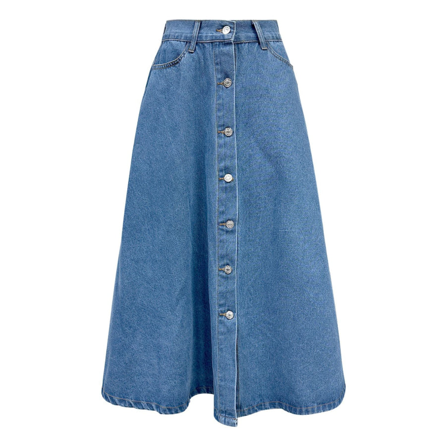 Buttoned Midi Denim Skirt with Pockets Apparel and Accessories