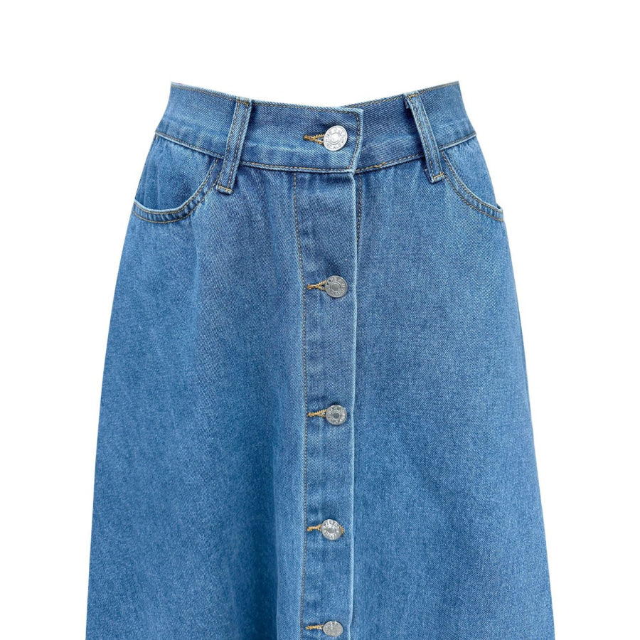 Buttoned Midi Denim Skirt with Pockets Apparel and Accessories