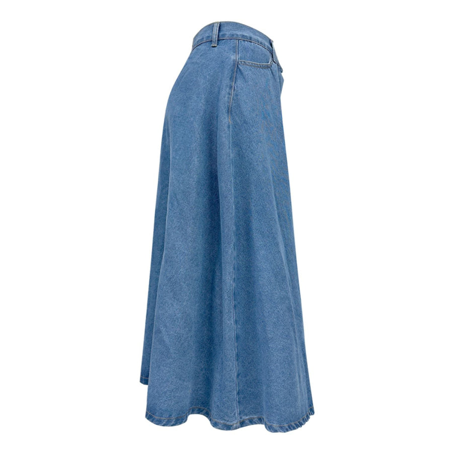 Buttoned Midi Denim Skirt with Pockets Apparel and Accessories