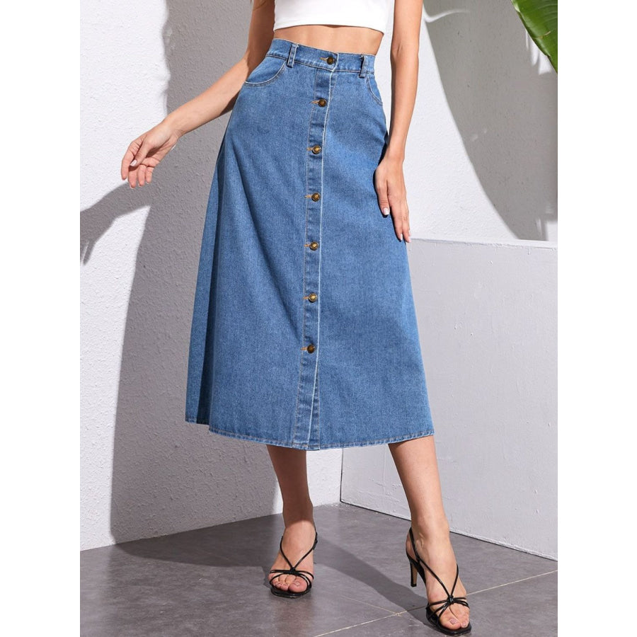 Buttoned Midi Denim Skirt with Pockets Apparel and Accessories