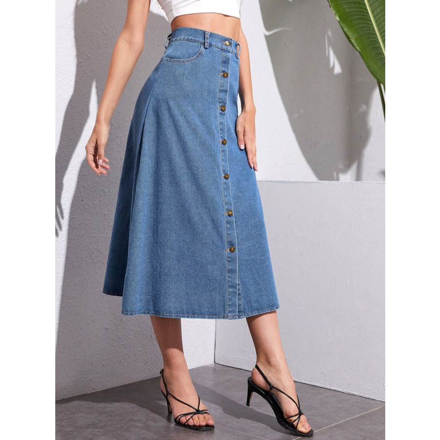 Buttoned Midi Denim Skirt with Pockets Apparel and Accessories