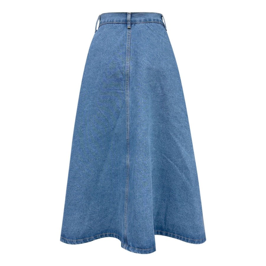 Buttoned Midi Denim Skirt with Pockets Apparel and Accessories