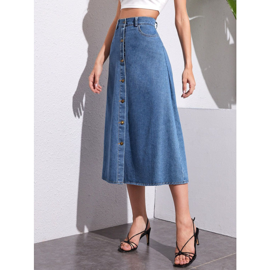 Buttoned Midi Denim Skirt with Pockets Apparel and Accessories