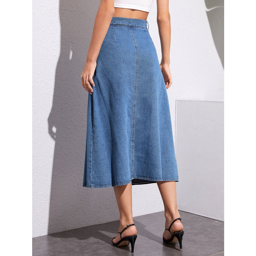 Buttoned Midi Denim Skirt with Pockets Apparel and Accessories