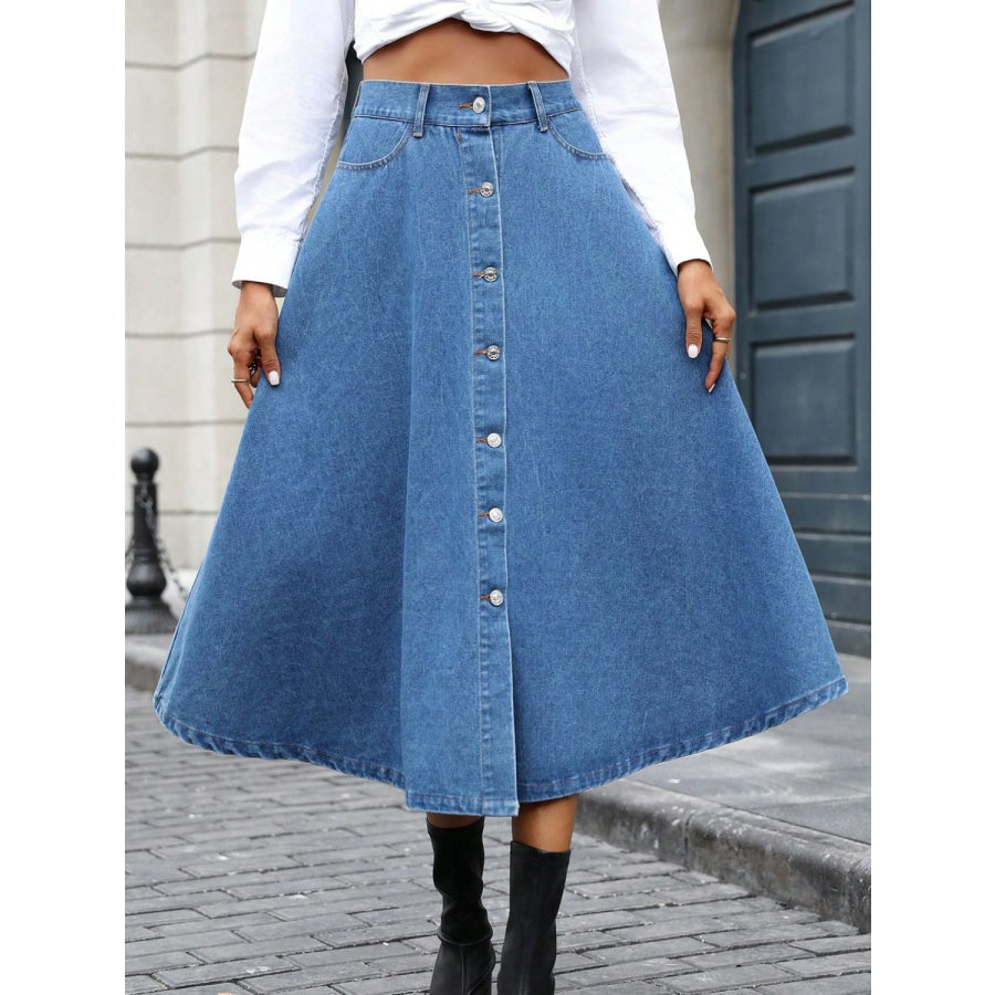 Buttoned Midi Denim Skirt with Pockets Light / XS Apparel and Accessories