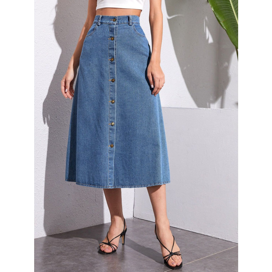 Buttoned Midi Denim Skirt with Pockets Medium / XS Apparel and Accessories