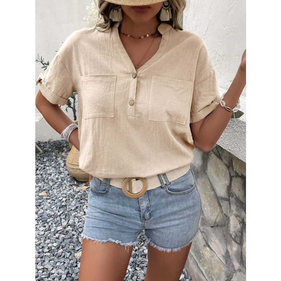 Buttoned Notched Neck Cuffed Sleeve Blouse Beige / S