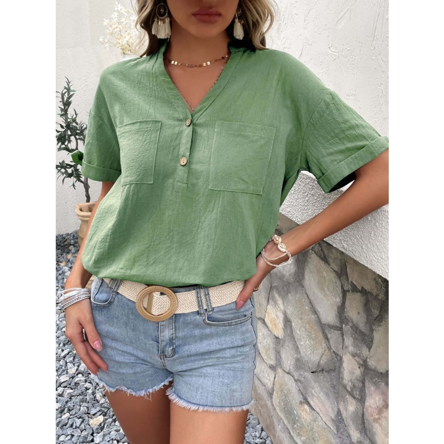 Buttoned Notched Neck Cuffed Sleeve Blouse Green / S