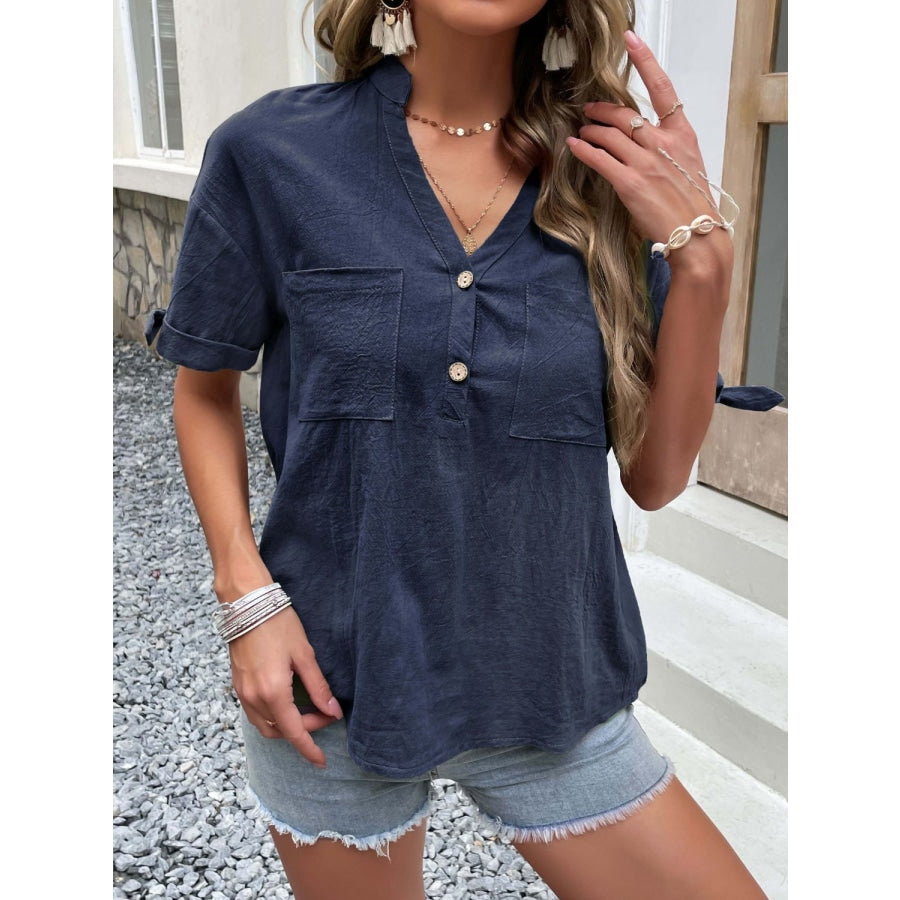 Buttoned Notched Neck Cuffed Sleeve Blouse Navy / S