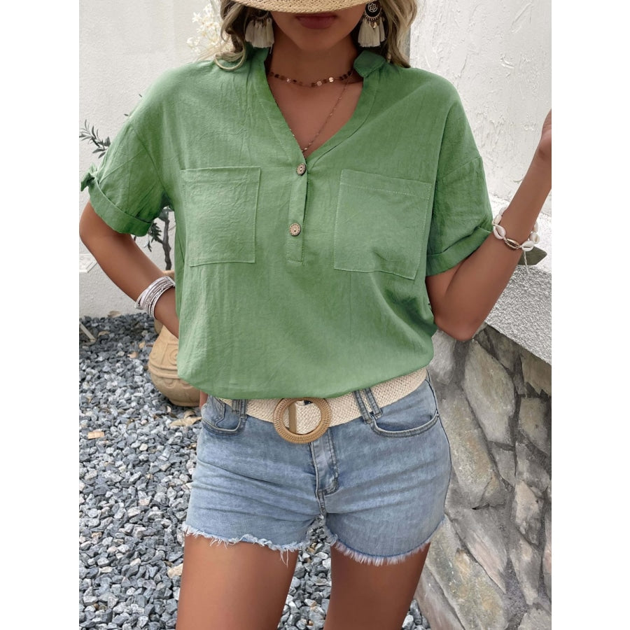 Buttoned Notched Neck Cuffed Sleeve Blouse