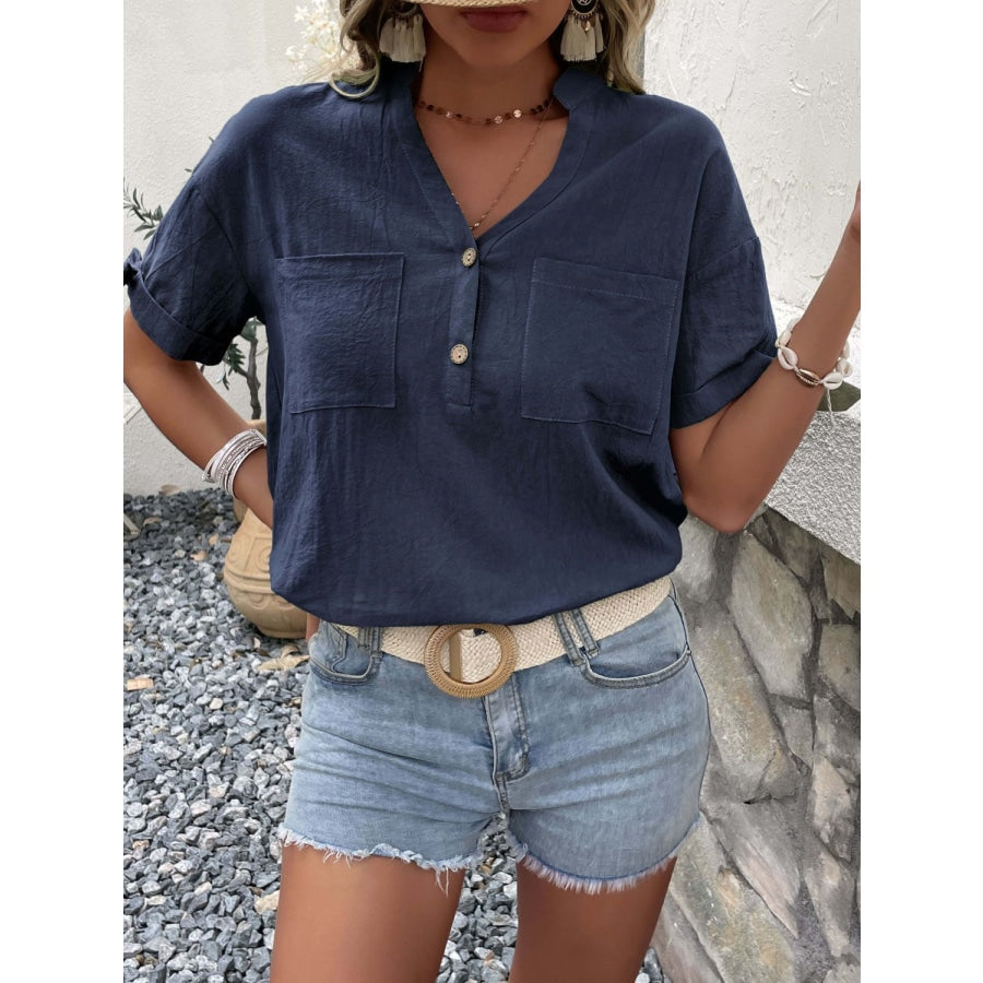 Buttoned Notched Neck Cuffed Sleeve Blouse