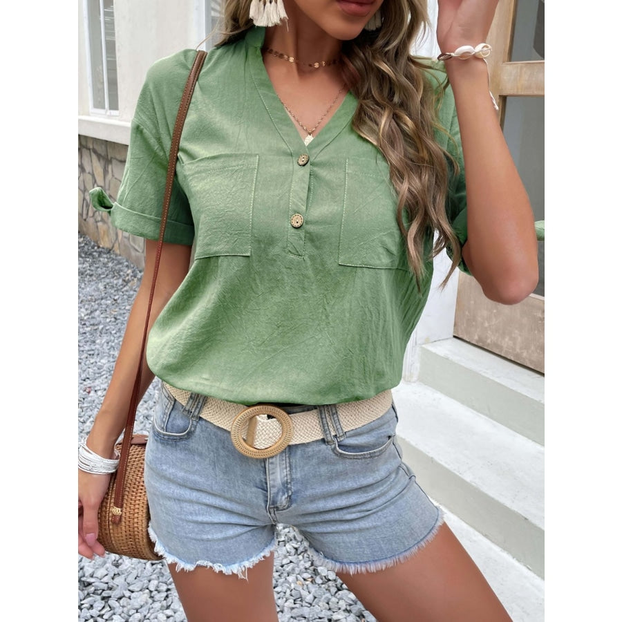 Buttoned Notched Neck Cuffed Sleeve Blouse